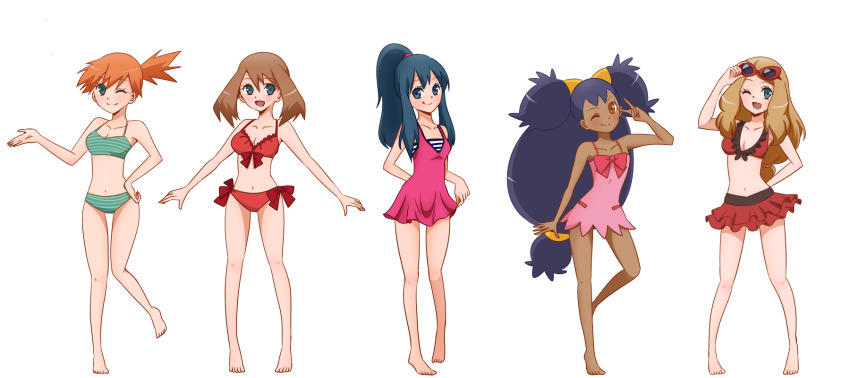 5girls, aqua_eyes, barefoot, bikini, bikini_skirt, blonde_hair, blue_eyes, blue_hair, bow, breasts, brown_hair, clothes_lift, dark-skinned_female, dark_skin, dawn_(pokemon), eyewear_on_head, frilled_skirt, frills, hand_on_own_hip, highres, iris_(pokemon), licking_lips, long_hair, looking_at_viewer, may_(pokemon), mikeko_(neko19920311), misty_(pokemon), monochrome_background, multiple_girls, nintendo, official_alternate_costume, one-piece_swimsuit, one_eye_closed, orange_hair, pink_one-piece_swimsuit, pokemon, pokemon:_arceus_and_the_jewel_of_life, pokemon_(anime), pokemon_(classic_anime), pokemon_bw087, pokemon_the_series:_black_&amp;_white, pokemon_the_series:_diamond_and_pearl, pokemon_hoso_(anime), pokemon_hs02, pokemon_ranger_and_the_temple_of_the_sea, pokemon_the_series:_ruby_and_sapphire, pokemon_xy029, pokemon_the_series:_xy, ponytail, purple_hair, red_bow, serena_(pokemon), short_hair, side-tie_bikini_bottom, side_ponytail, simple_background, skirt, skirt_lift, striped_bikini, striped_clothes, sunglasses, swimsuit, tongue, tongue_out, transparent_background, v, very_long_hair, white_background, yellow_eyes