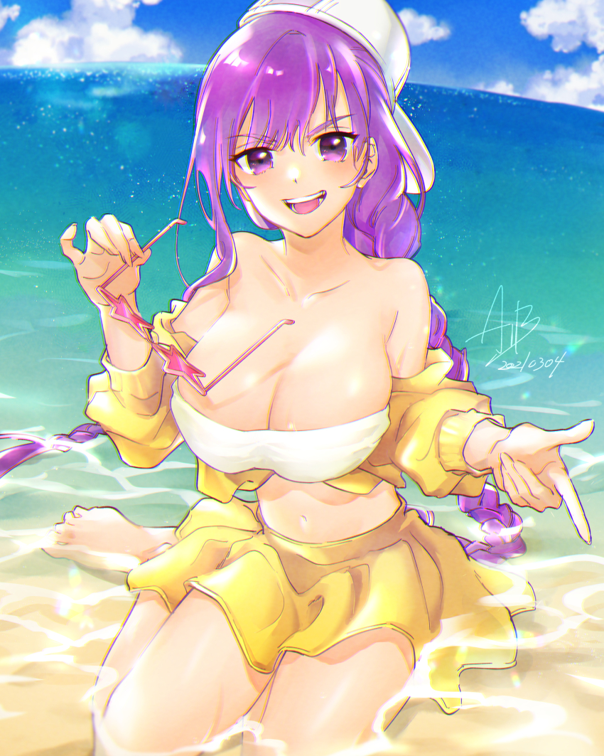 1girl, aizaki_b, asymmetrical_hair, bandeau, bare_shoulders, barefoot, baseball_cap, bb_(fate)