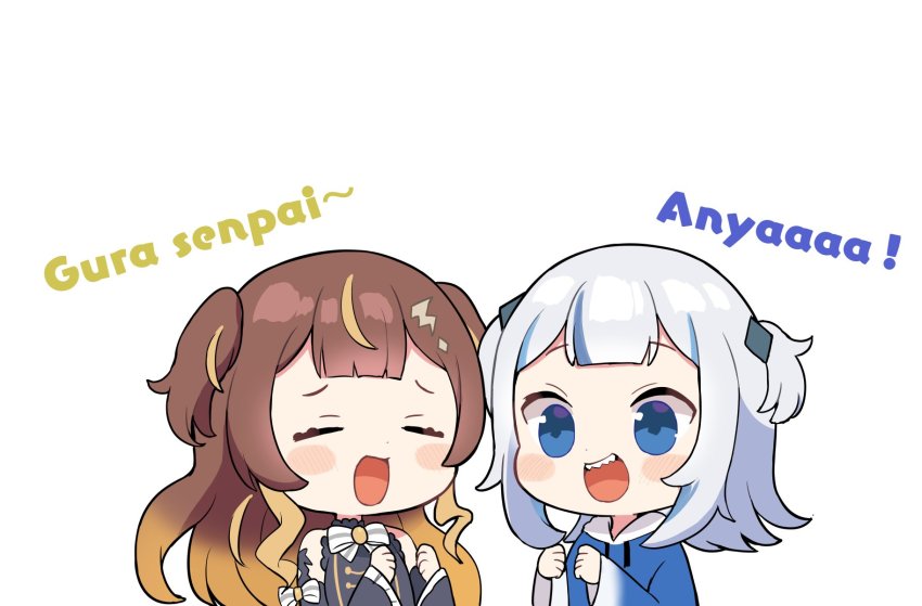 2girls, anya_melfissa, black_dress, blonde_hair, blue_hair, blush, bow, brown_hair, character_name, chibi, clenched_hands, closed_eyes, dress, gawr_gura, gradient_hair, highres, hololive, hololive_english, hololive_indonesia, multicolored_hair, multiple_girls, open_mouth, sharp_teeth, silver_hair, streaked_hair, teeth, totora, two_side_up, virtual_youtuber, white_background, white_bow