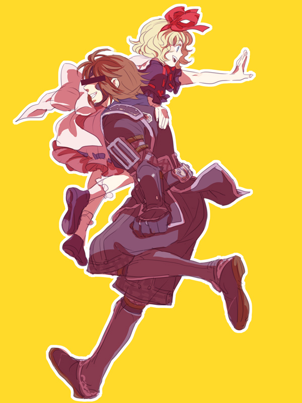 00s, 1boy, 1girl, bar_censor, blonde_hair, blue_eyes, brown_hair, carrying