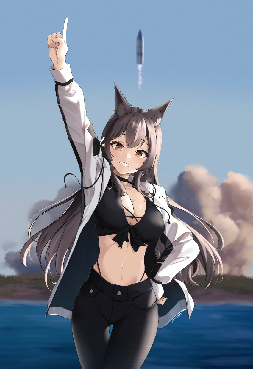 1girl, absurdres, animal_ear_fluff, animal_ears, atago_(azur_lane), azur_lane, bra, breasts, brown_eyes, choker, cleavage, cloud, commission, drawstring, hand_on_own_hip, happy, highres, hood, hoodie, large_breasts, long_hair, looking_at_viewer, midriff, navel, pointing, pointing_up, sky, smile, smoke, spacex, spacex_starship, steeb, underwear