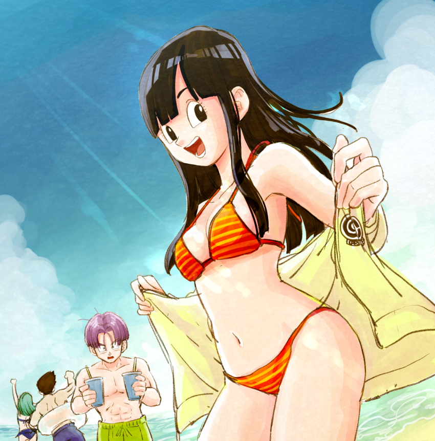 :d, bad_id, bad_pixiv_id, beach, bikini, black_eyes, black_hair, blue_bikini, blue_hair, blue_male_swimwear, blue_shorts, blue_sky, blue_swim_trunks, bra_(dragon_ball), breasts, capsule_corp, cloud, cup, dragon_ball, dragon_ball_gt, drawstring, green_eyes, green_male_swimwear, green_shorts, green_swim_trunks, halterneck, highres, holding, holding_cup, jacket, looking_at_viewer, male_swimwear, navel, open_mouth, orange_bikini, pan_(dragon_ball), pipi2020pipi, purple_hair, shorts, sky, smile, son_goten, string_bikini, striped_bikini, striped_clothes, swim_trunks, swimsuit, trunks_(dragon_ball), yellow_jacket