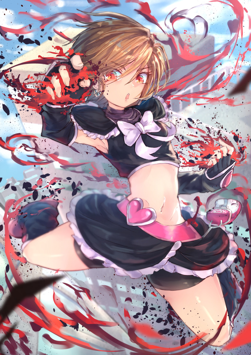 1girl, arm_warmers, belt, bike_shorts, black_gloves, black_legwear, black_shirt, black_shorts