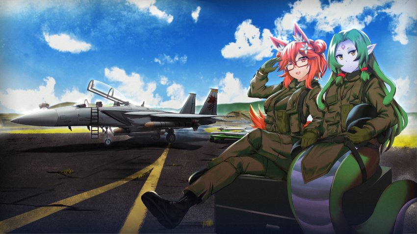 2girls, ;d, absurdres, aircraft, airplane, animal_ears, blue_skin, blue_sky