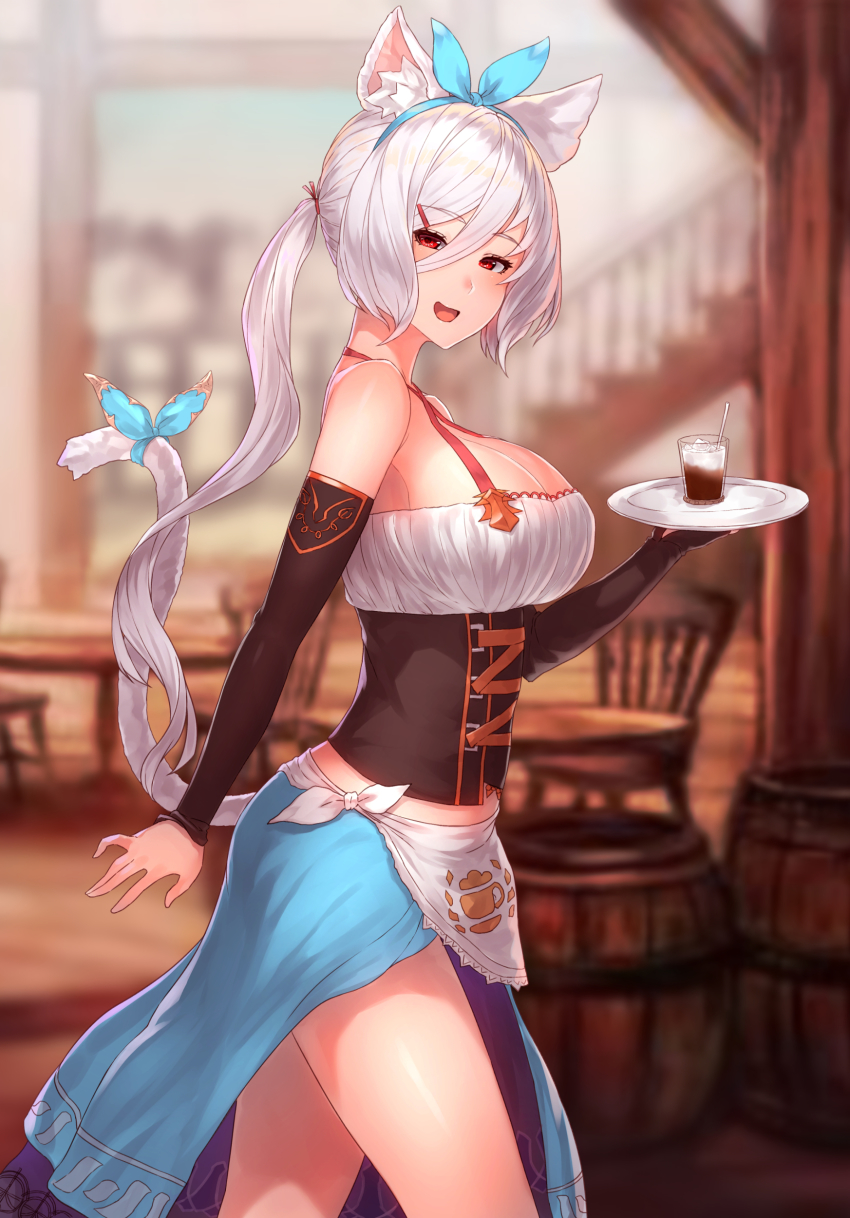 1girl, :d, absurdres, animal_ear_fluff, animal_ears, apron, bare_shoulders, black_sleeves