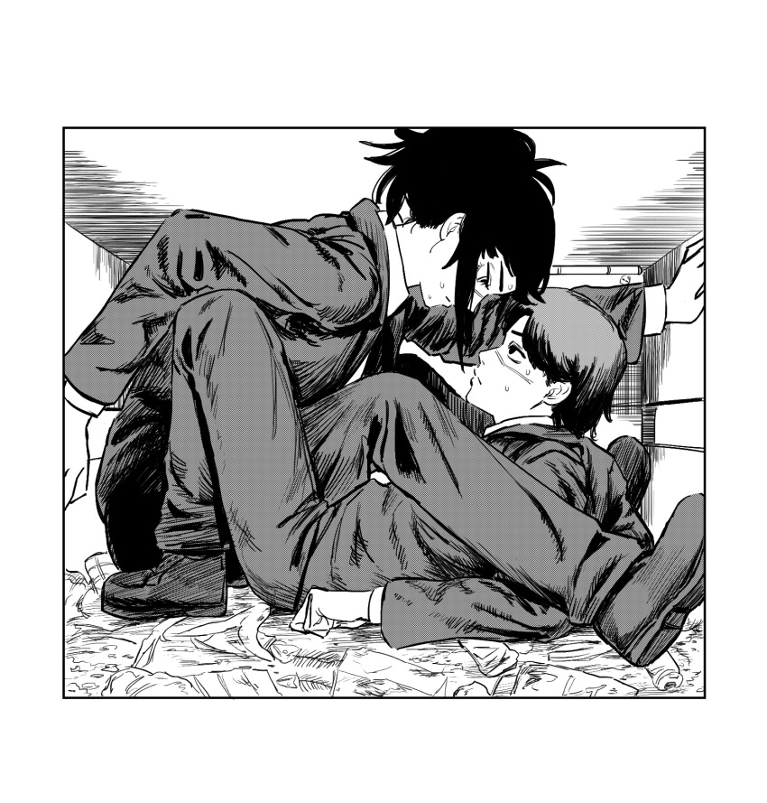 1boy, 1girl, black_footwear, black_hair, black_jacket, black_legwear, black_pants, black_suit