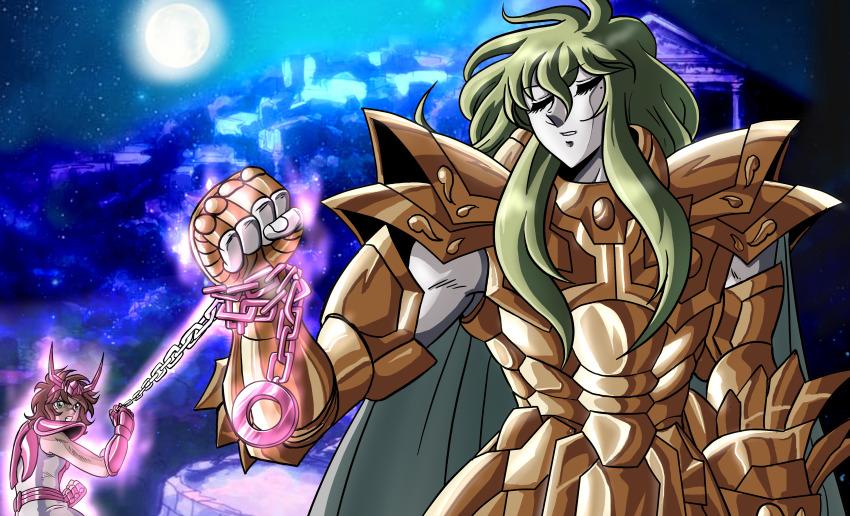 2boys, absurdres, andromeda_shun, armor, battle, blonde_hair, bronze_saint, chain