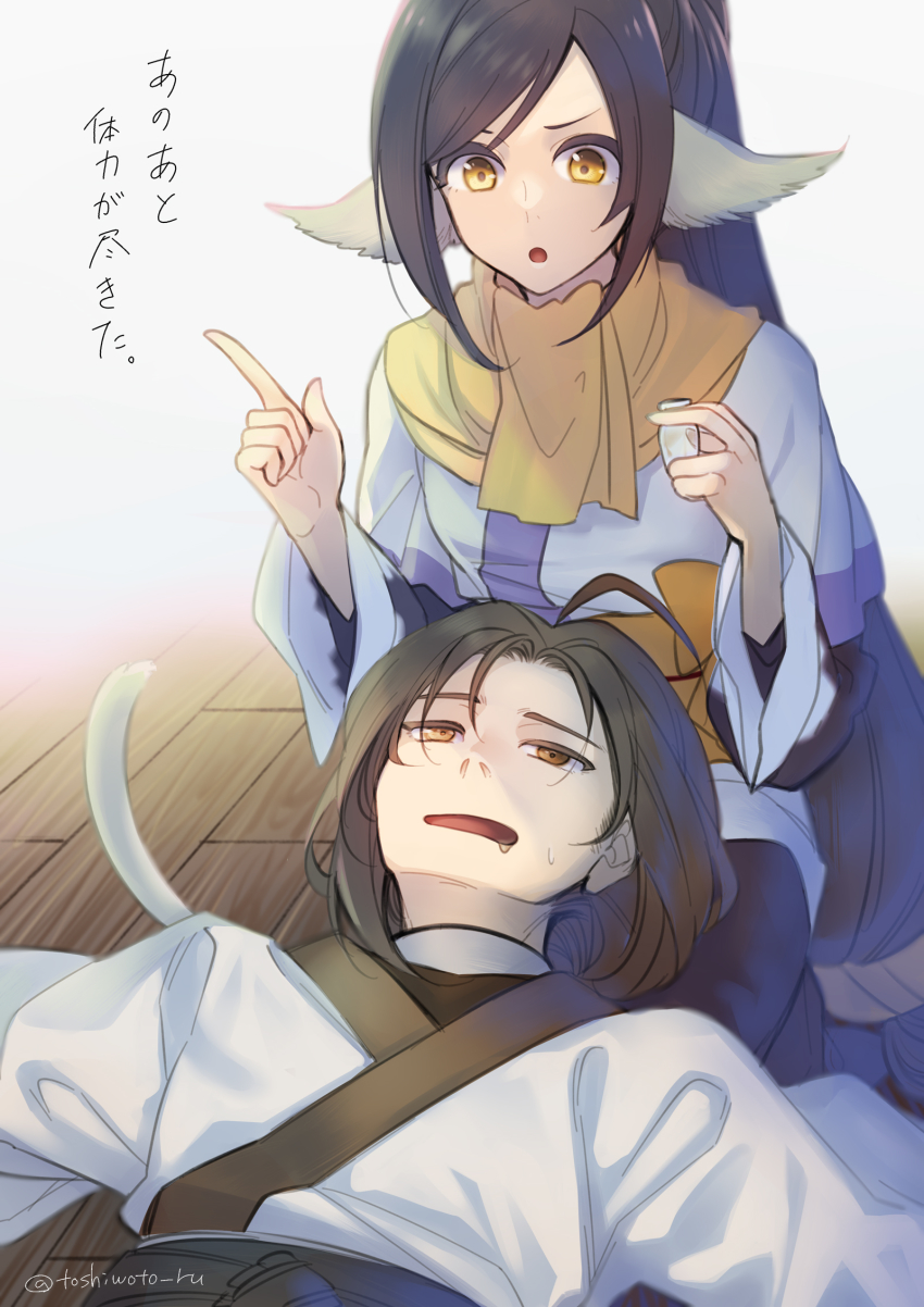 1boy, 1girl, ahoge, animal_ears, aquaplus, black_hair, brown_eyes, brown_hair