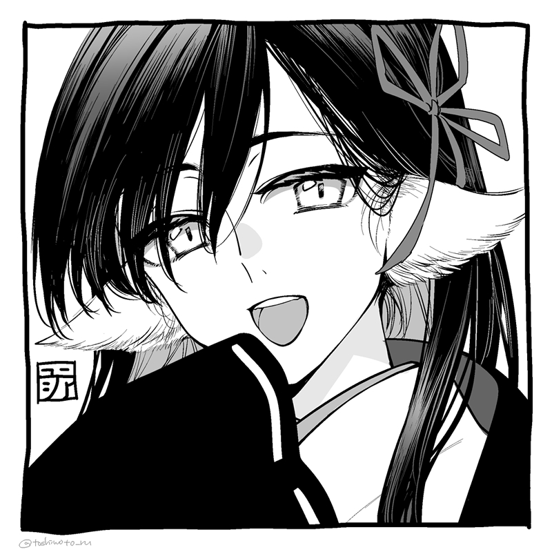 1girl, animal_ears, aquaplus, black_hair, greyscale, hair_ribbon, long_hair, long_sleeves