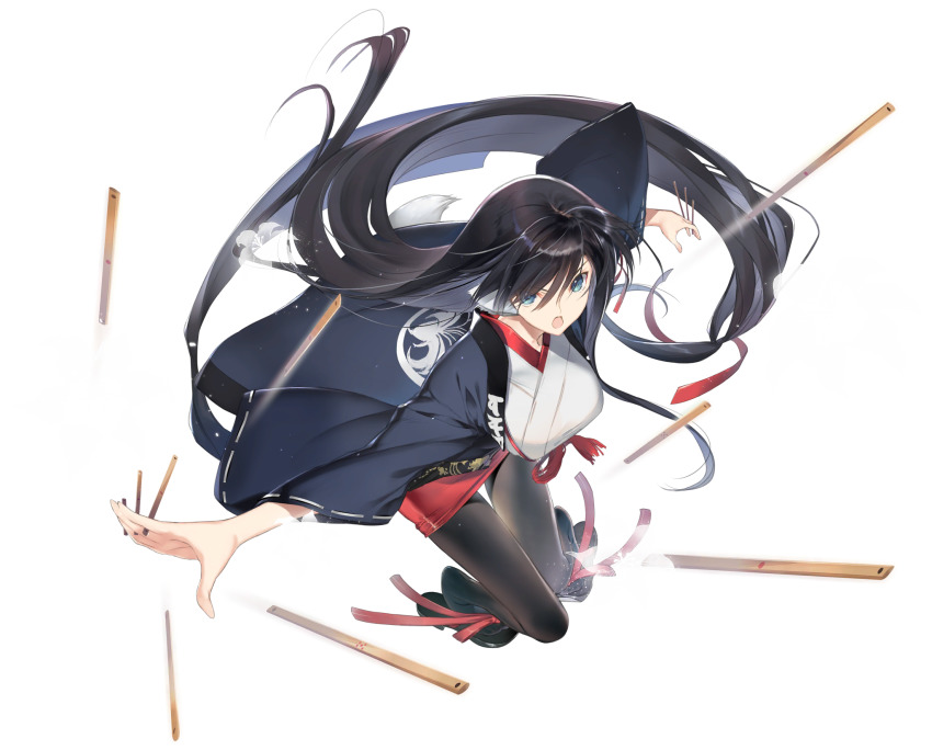 1girl, aquaplus, black_hair, black_pantyhose, blue_eyes, breasts, coat, female_focus