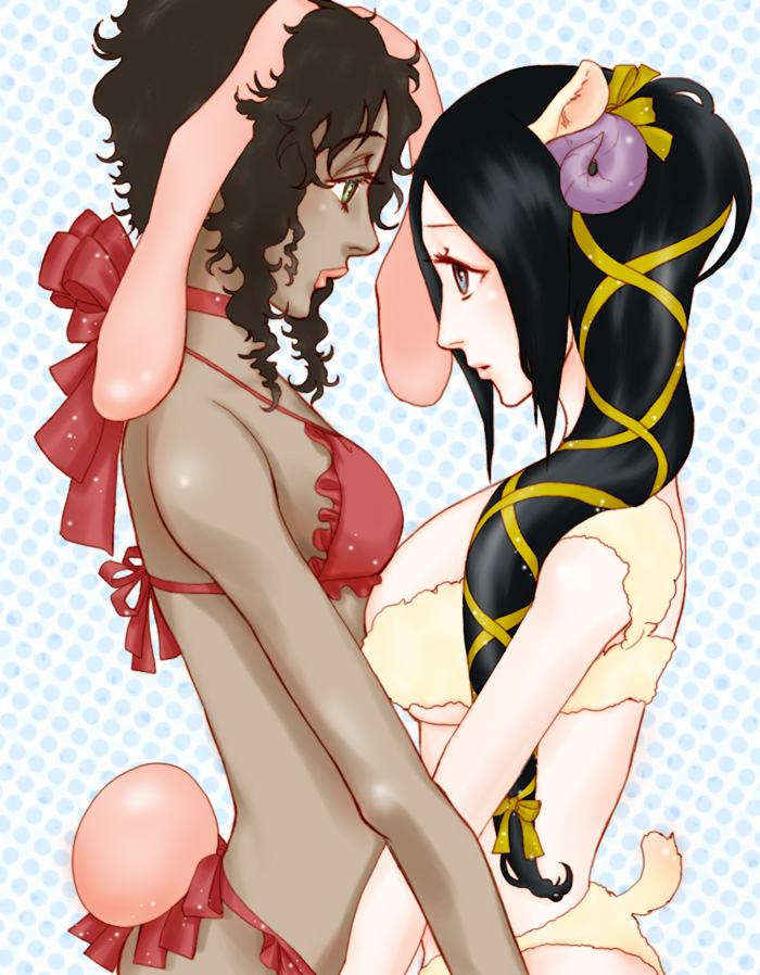 2girls, animal_ears, bikini, black_hair, bleach, blue_eyes, bow, breasts