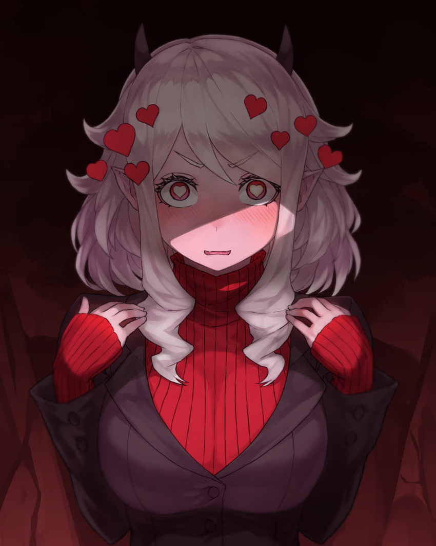 1girl, black_suit, blush, breasts, demon_girl, eyelashes, formal_clothes, hair_between_eyes