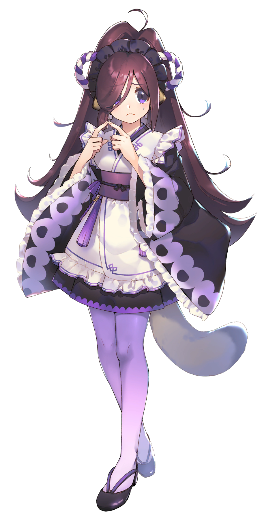 1girl, ahoge, amazuyu_tatsuki, animal_ears, aquaplus, brown_hair, hair_ornament, highres, kuroma_(utawarerumono:_lost_flag), long_hair, maid, official_art, ponytail, purple_eyes, tail, transparent_background, utawarerumono, utawarerumono:_lost_flag