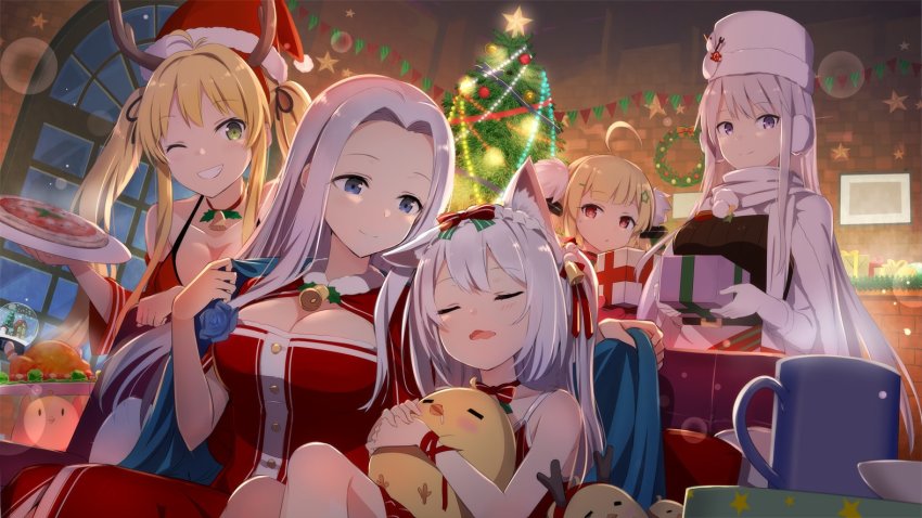 5girls, :o, ahoge, alternate_costume, antenna_hair, antlers, azur_lane, baby_animal