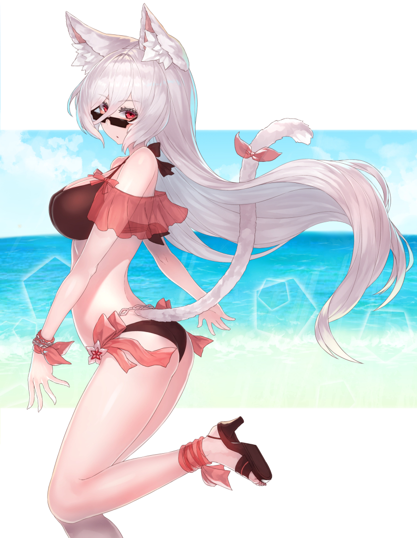 1girl, absurdres, animal_ear_fluff, animal_ears, bare_shoulders, bikini, black_bikini, bracelet