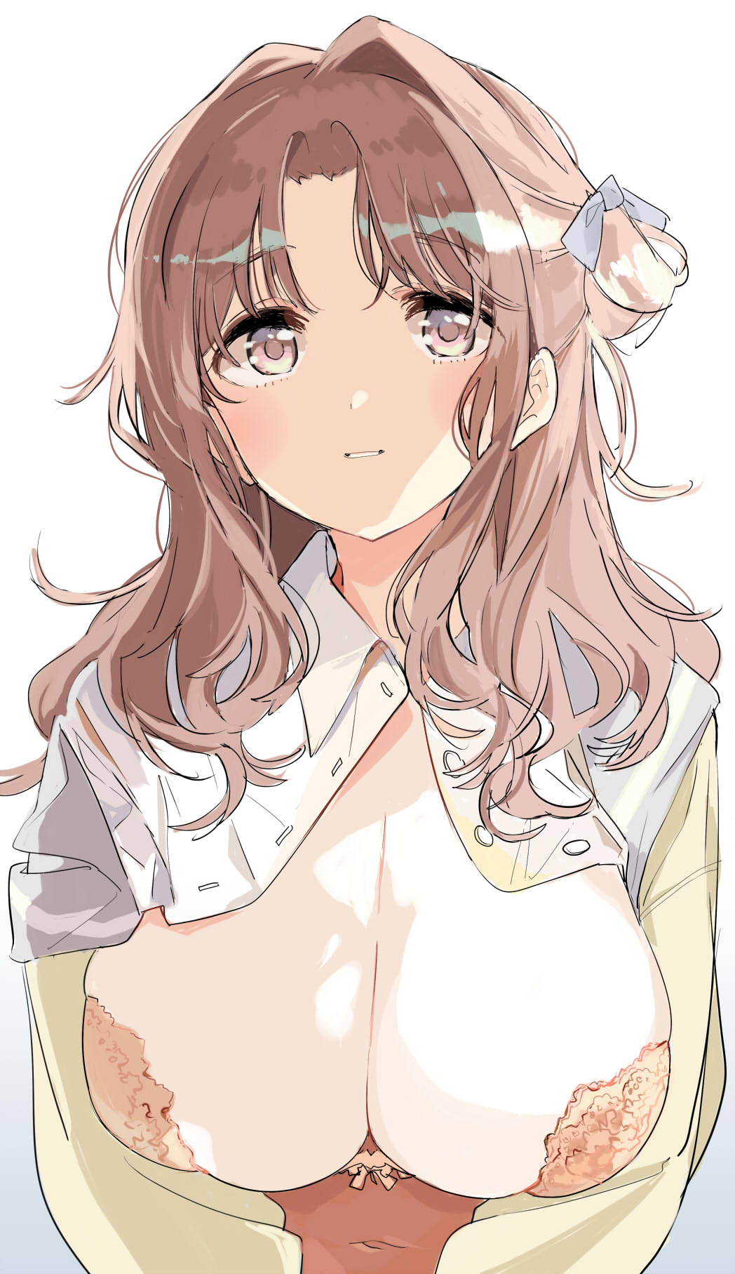 1girl, blush, breasts, brown_eyes, brown_hair, cardigan, cleavage, hair_bun