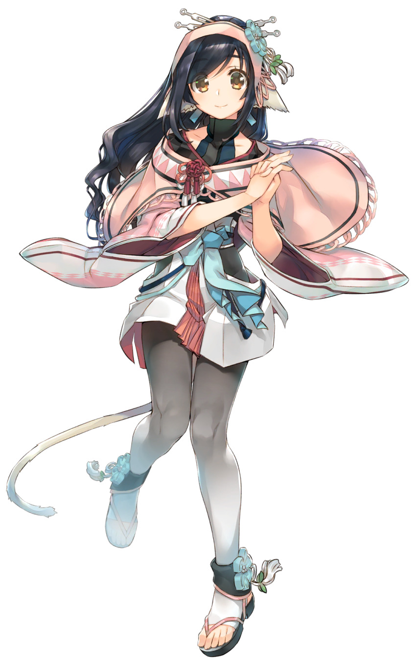 1girl, amazuyu_tatsuki, animal_ears, aquaplus, black_hair, cat_tail, hair_ornament, highres, kuon_(utawarerumono), kuon_apprentice, long_hair, official_art, orange_eyes, tail, transparent_background, utawarerumono, utawarerumono:_itsuwari_no_kamen, utawarerumono:_lost_flag, wavy_hair, white_tail