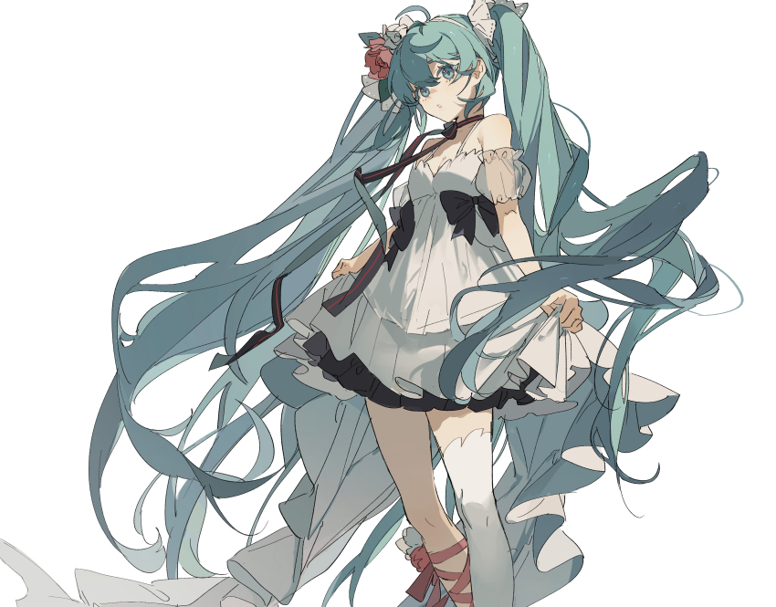 1girl, absurdres, ahoge, aqua_eyes, aqua_hair, bare_shoulders, black_bow, blue_flower, bow, detached_sleeves, dress, dress_bow, eyebrows_hidden_by_hair, feet_out_of_frame, floating_hair, flower, frilled_dress, frills, hair_flower, hair_ornament, hair_spread_out, hairband, hatsune_miku, hatsune_miku_(miku_with_you_2019), highres, holding_own_dress, leg_ribbon, long_hair, neck_ribbon, pink_flower, pink_ribbon, puffy_sleeves, ribbon, see-through_clothes, see-through_sleeves, short_dress, single_thighhigh, sleeveless, sleeveless_dress, solo, spaghetti_strap, striped_ribbon, thighhighs, twintails, very_long_hair, vocaloid, white_background, white_dress, white_hairband, white_thighhighs, zhibuji_loom