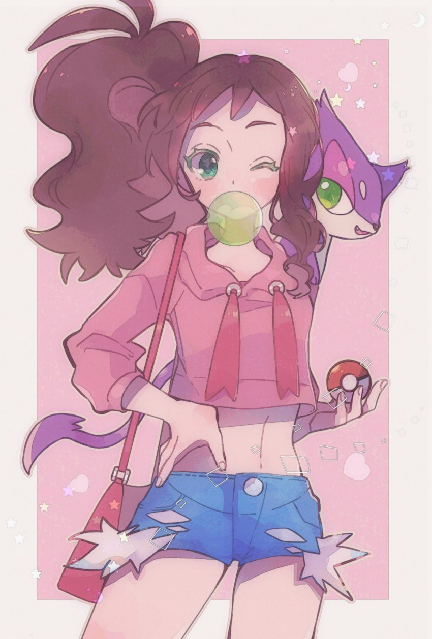 1girl, antenna_hair, bag, blowing_bubble_gum, blowing_bubbles, blue_shorts, blush, border