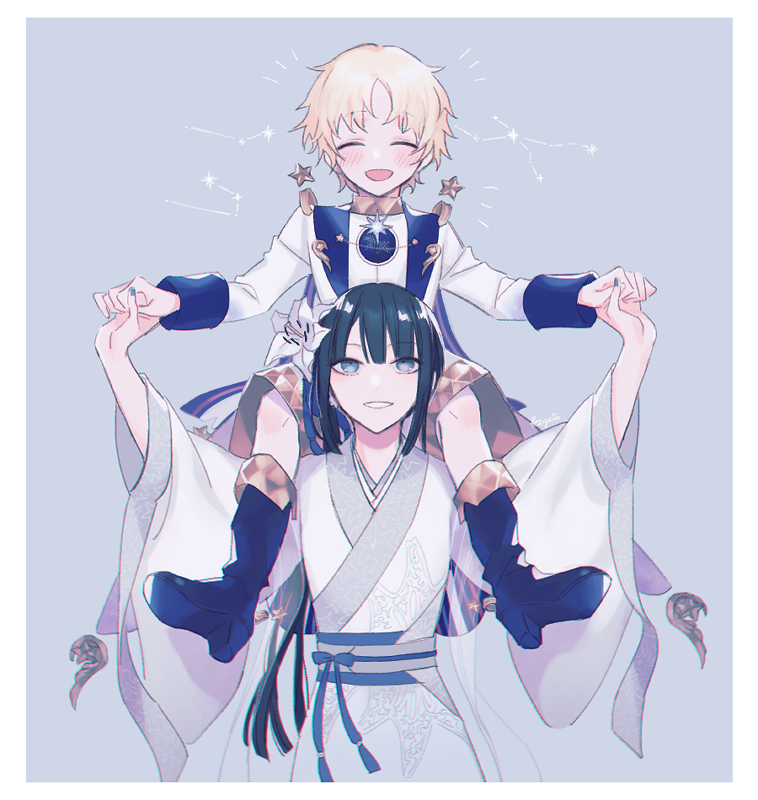 1boy, 1girl, aries_(constellation), black_hair, black_legwear, blonde_hair, carrying_over_shoulder, closed_eyes