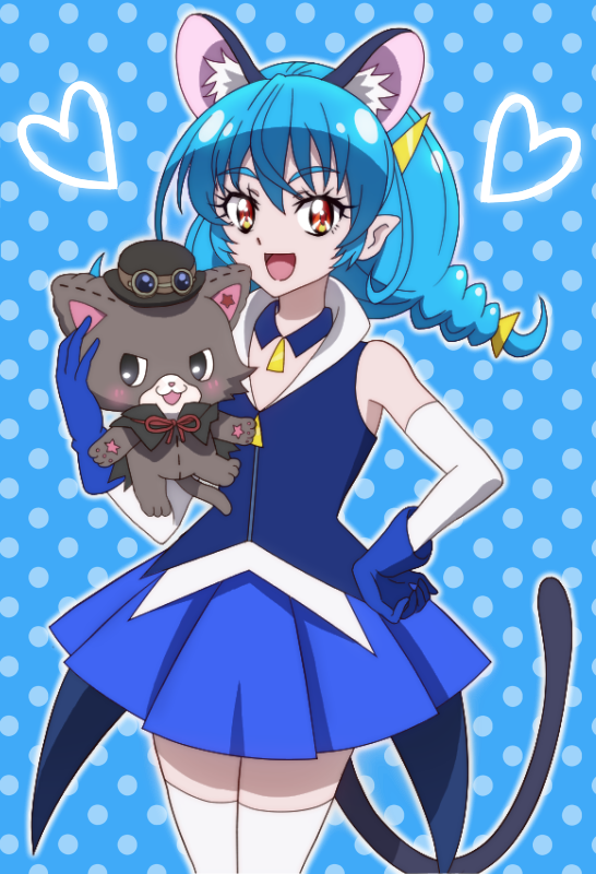 1girl, :3, :d, animal_ears, black_cape, black_headwear, blue_background, blue_collar