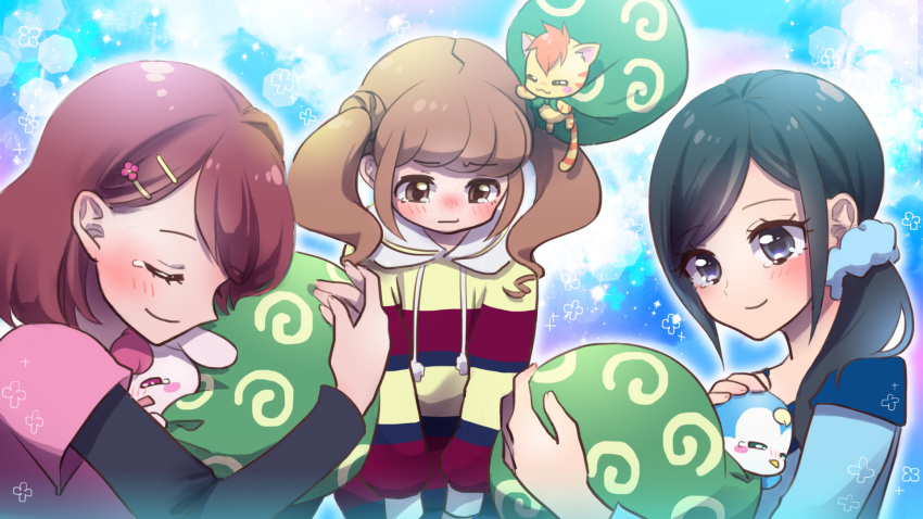 bird, black_hair, blouse, blue_background, blue_scrunchie, blue_shirt, blush, brown_eyes