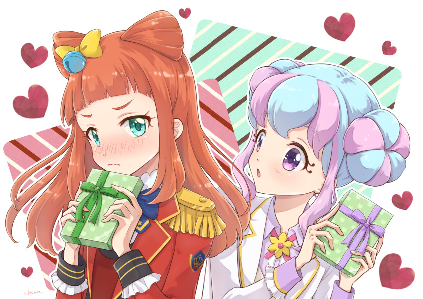 2girls, :o, aikatsu!_(series), aikatsu_stars!, bell, blazer, blue_bow, blue_hair, blue_neckwear, blunt_bangs, blush, bow, bowtie, box, chisaca, closed_mouth, collared_shirt, commentary_request, cone_hair_bun, crown_(symbol), donut_hair_bun, embarrassed, epaulettes, eyelashes, gift, gift_box, gold_trim, hair_bell, hair_bow, hair_bun, hair_ornament, hanazono_kirara, heart, heart_background, highres, holding, holding_gift, jacket, jingle_bell, long_hair, long_sleeves, looking_at_viewer, multicolored_hair, multiple_girls, neck_ribbon, nose_blush, open_mouth, orange_hair, pink_hair, pink_ribbon, purple_shirt, red_jacket, ribbon, s4_uniform, saotome_ako, school_uniform, shirt, sidelocks, sideways_glance, star_(symbol), streaked_hair, striped_background, upper_body, valentine, venus_ark_uniform, wavy_mouth, white_jacket, yellow_bow
