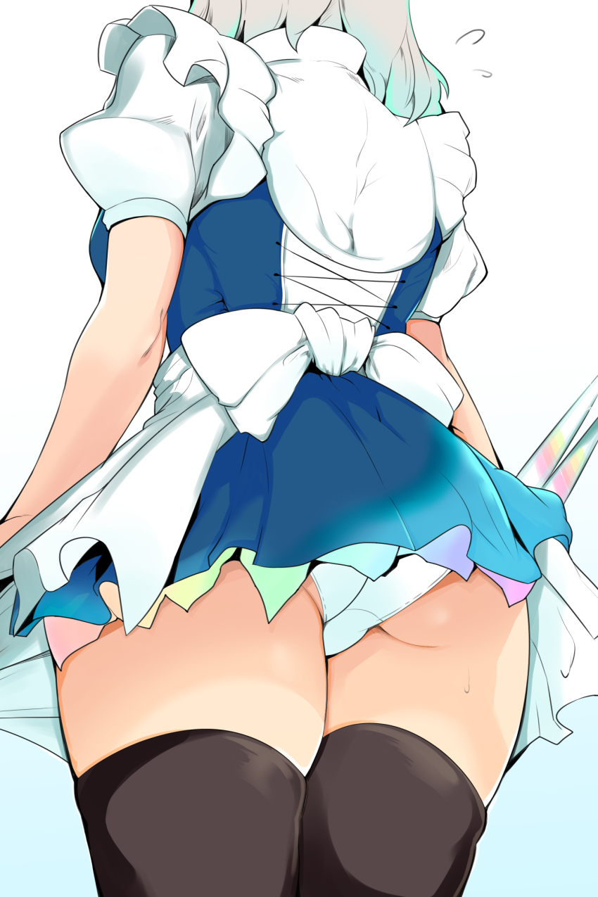 1girl, ass, blue_skirt, commentary_request, from_behind, highres, izayoi_sakuya, knife