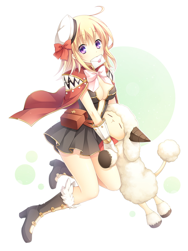 1girl, akira_(139931), amistr_(ragnarok_online), belt, blonde_hair, boots, bow, breasts, brown_belt, brown_boots, brown_dress, cape, commentary, creator_(ragnarok_online), dress, envelope, full_body, fur-trimmed_footwear, fur_trim, gloves, green_background, hat, hat_bow, large_breasts, letter, living_clothes, looking_at_viewer, medium_hair, mouth_hold, poring, pouch, purple_eyes, ragnarok_online, red_bow, red_cape, sailor_hat, sheep, short_dress, simple_background, strapless, strapless_dress, teeth, two-tone_background, white_background, white_gloves, white_headwear