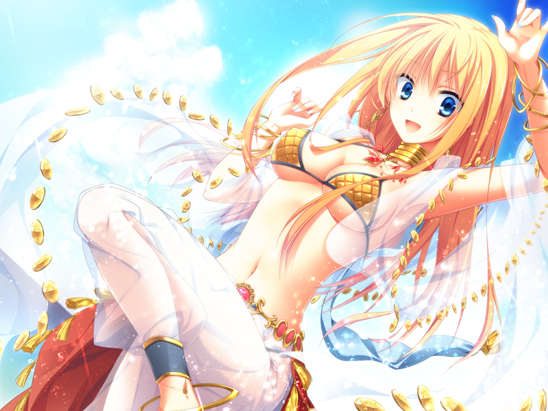 1girl, :d, akira_(139931), anklet, arm_up, bikini, blonde_hair, blue_eyes