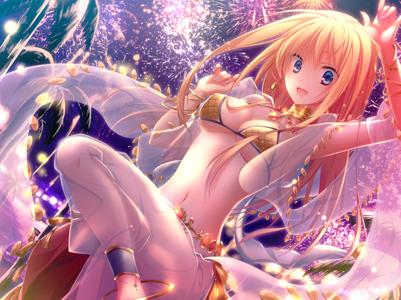1girl, :d, aerial_fireworks, akira_(139931), anklet, arm_up, bikini, blonde_hair, blue_eyes, bracelet, breasts, cape, choker, city_lights, commentary_request, cowboy_shot, dancer_(ragnarok_online), dutch_angle, fireworks, gem, hair_between_eyes, harem_pants, jewelry, leg_up, long_hair, looking_at_viewer, medium_breasts, midriff, navel, necklace, night, ocean, open_mouth, outdoors, palm_tree, pants, purple_sky, ragnarok_online, red_cape, see-through_clothes, see-through_pants, see-through_shawl, sequins, shawl, sky, smile, solo, swimsuit, tree, waist_cape, water, white_pants, yellow_bikini