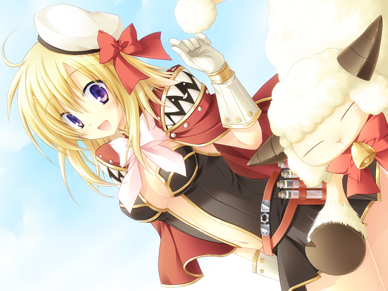 1girl, :d, akira_(139931), amistr_(ragnarok_online), bell, belt, blonde_hair, bow