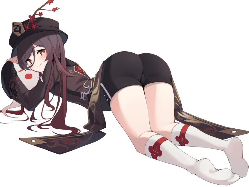 1girl, absurdres, ass, black_hat, black_shorts, brown_shirt, chinese_clothes, flower, genshin_impact, hat, hat_flower, highres, hu_tao_(genshin_impact), kneehighs, long_hair, long_sleeves, looking_at_viewer, looking_back, lying, no_shoes, on_stomach, plum_blossoms, red_eyes, red_flower, shirt, short_shorts, shorts, smile, socks, solo, star-shaped_pupils, star_(symbol), symbol-shaped_pupils, tailcoat, thighs, top-down_bottom-up, white_socks, ziro_(zirorong)