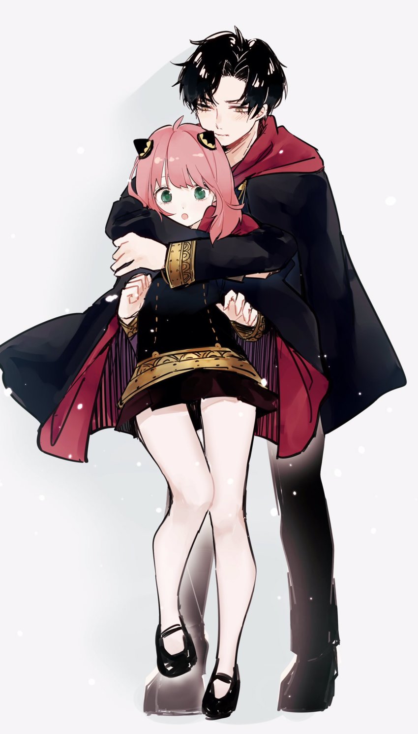 1boy, 1girl, :o, aged_up, anya_(spy_x_family), black_cloak, black_hair, black_shirt