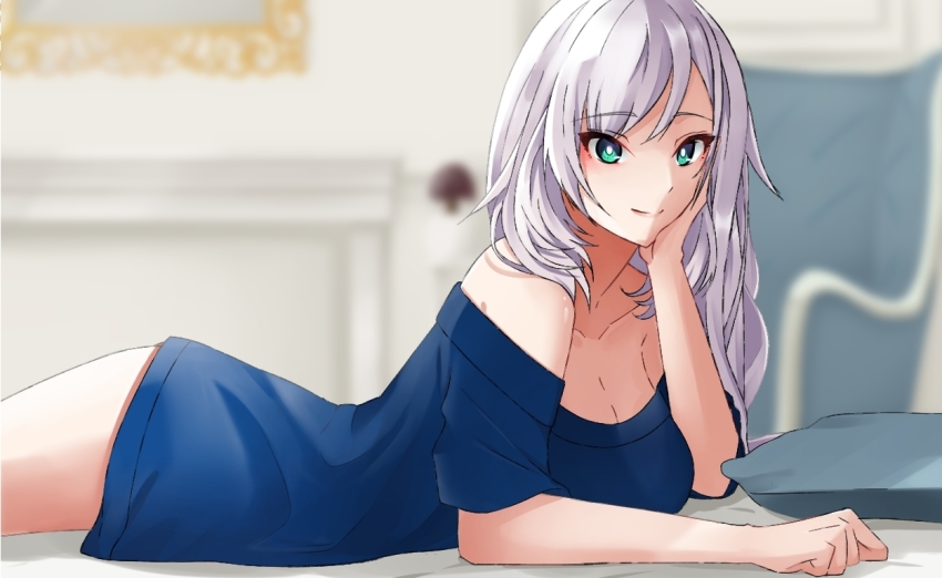1girl, alternate_costume, aqua_eyes, blanc_(studio_artblock), blouse, blue_shirt, blurry, blurry_background, breasts, cleavage, collarbone, commentary, english_commentary, hand_on_head, hand_on_own_chin, hololive, hololive_indonesia, lying, no_pants, off-shoulder_shirt, off_shoulder, on_bed, on_stomach, pavolia_reine, shirt, silver_hair, smile, solo, virtual_youtuber