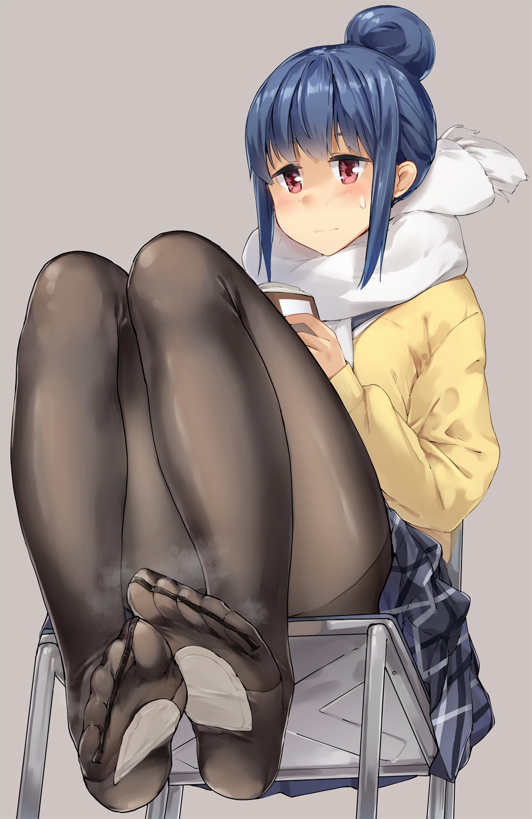 1girl, black_pantyhose, blue_hair, blue_skirt, blush, chair, closed_mouth, commentary_request