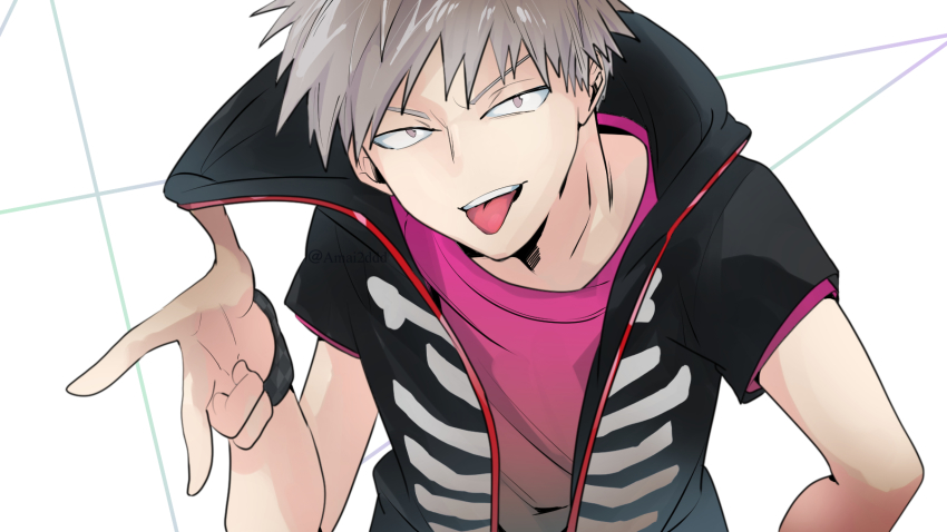 1boy, dabu_(dabuchan), grey_eyes, grey_hair, highres, kemono_jihen, looking_at_viewer, male_focus, pink_shirt, post, shirt, short_hair, short_sleeves, solo, tademaru_shiki, tongue, tongue_out, upper_body, white_background