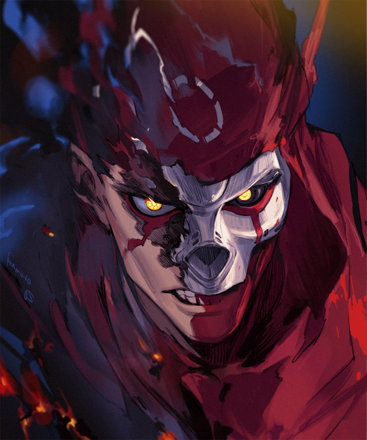 1boy, apex_legends, bandana, black_sclera, broken_mask, classic_revenant, clenched_teeth, close-up