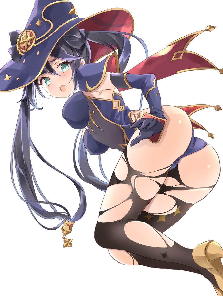 1girl, armor, ass, black_gloves, black_hair, black_legwear, blue_hat, blue_leotard