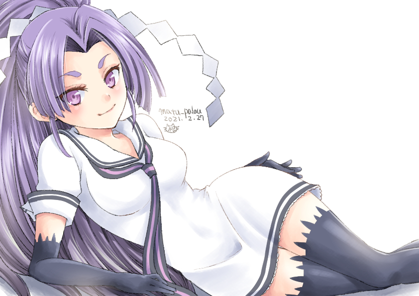 1girl, black_gloves, black_thighhighs, commentary_request, cowboy_shot, dress, elbow_gloves, gloves