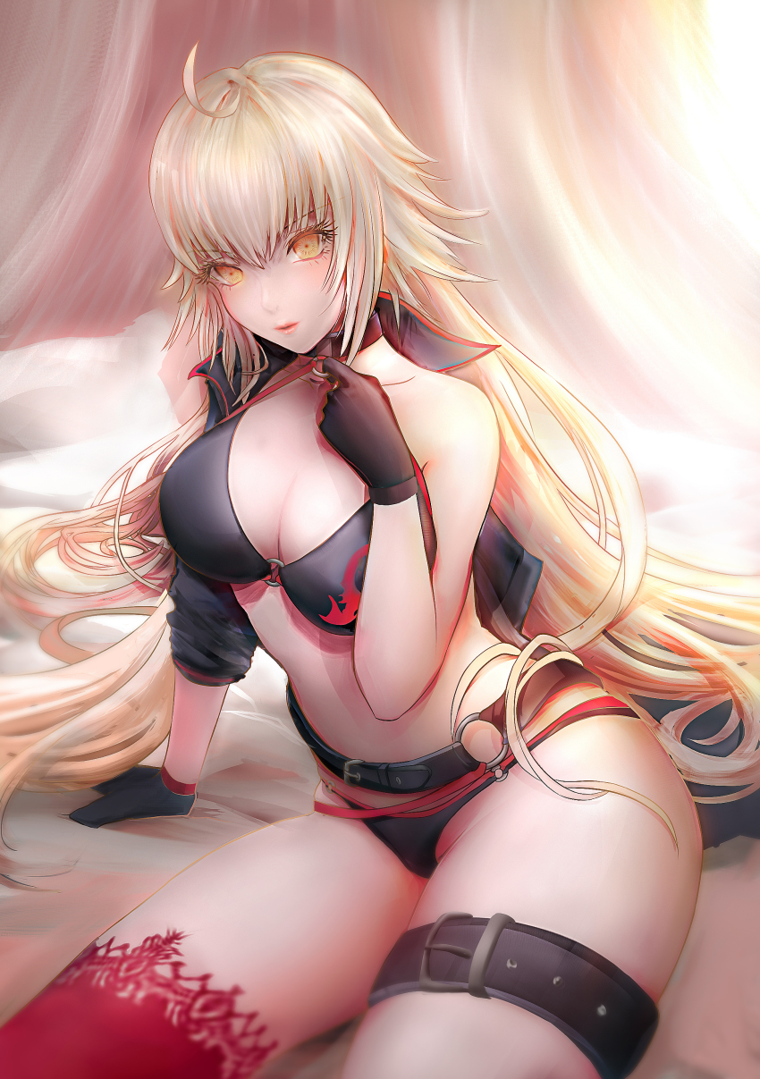 1girl, absurdres, ahoge, bikini, black_bikini, black_choker, black_gloves, breasts, choker, cleavage, fate/grand_order, fate_(series), gloves, highres, jeanne_d'arc_alter_(swimsuit_berserker)_(fate), jeanne_d'arc_(fate), jeanne_d'arc_alter_(fate), large_breasts, long_hair, o-ring, o-ring_bikini, on_bed, pinkuempire, red_thighhighs, shrug_(clothing), single_thighhigh, sitting, swimsuit, thigh_strap, thighhighs, white_hair, yellow_eyes