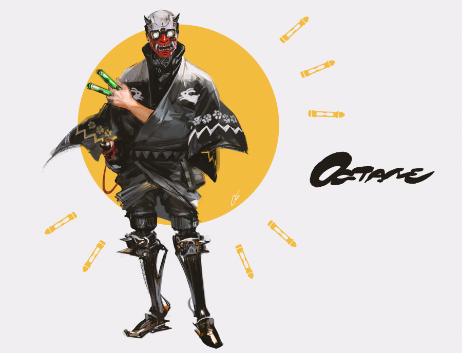 1boy, alternate_costume, apex_legends, artist_name, black_scarf, el_diablo_octane, head_tilt, holding, holding_syringe, horns, iwamoto_zerogo, japanese_clothes, looking_to_the_side, male_focus, mask, mechanical_legs, octane_(apex_legends), oni_horns, oni_mask, prosthesis, prosthetic_leg, scarf, science_fiction, solo, syringe, white_eyes