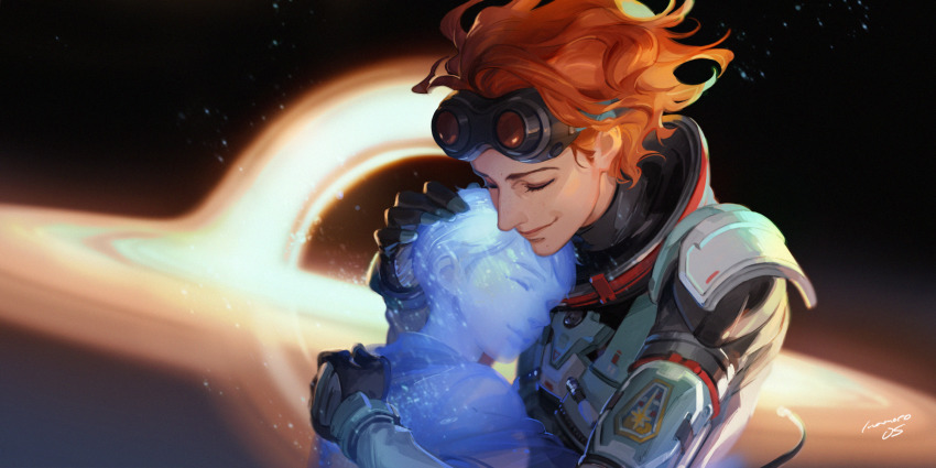 1boy, 1girl, apex_legends, armor, artist_name, black_gloves, closed_eyes, floating_hair