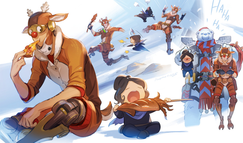 1girl, 2boys, annoyed, apex_legends, black_gloves, blush, brown_hair, brudda_bear_gibraltar, chibi, closed_eyes, dasher_octane, eating, fingerless_gloves, food, full-face_blush, gibraltar_(apex_legends), gloves, googly_eyes, hair_bun, holding, holding_food, holding_knife, hope's_dusk_(apex_legends), iwamoto_zerogo, knife, laughing, looking_down, mask, mechanical_legs, multiple_boys, octane_(apex_legends), octopus, open_mouth, pizza, prosthesis, prosthetic_leg, running, scarf, single_hair_bun, slashing, stick, unworn_mask, wraith_(apex_legends)