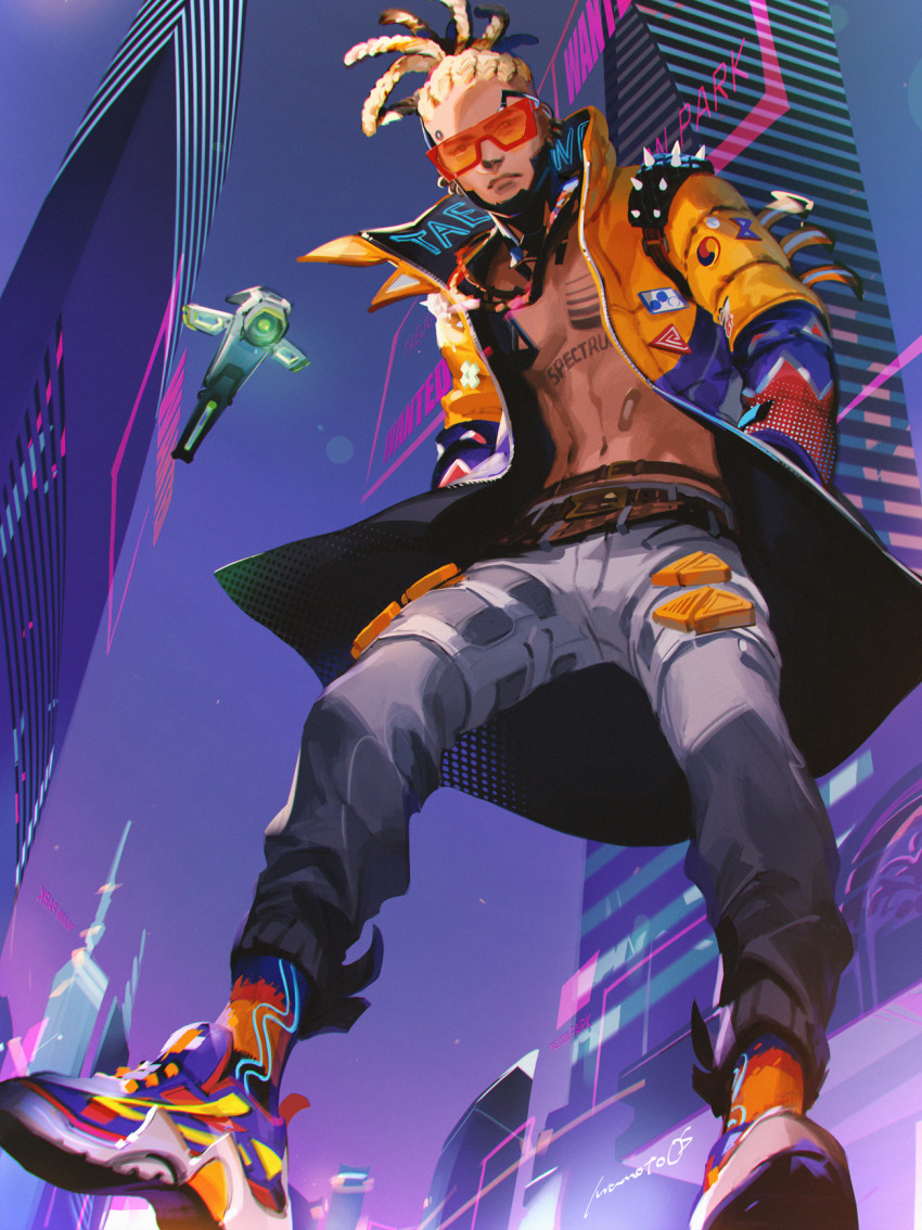 1boy, apex_legends, bandaid_on_stomach, bare_pectorals, blonde_hair, blue_jacket, building, cornrows, crypto_(apex_legends), dreadlocks, drone, grey_pants, hands_in_pockets, highres, hype_beast_crypto, iwamoto_zerogo, jacket, leaning_forward, looking_down, male_focus, multicolored_jacket, navel, official_alternate_costume, orange_jacket, pants, pectorals, science_fiction, skyscraper, solo, sunglasses, topless_male, two-tone_jacket, yellow_jacket