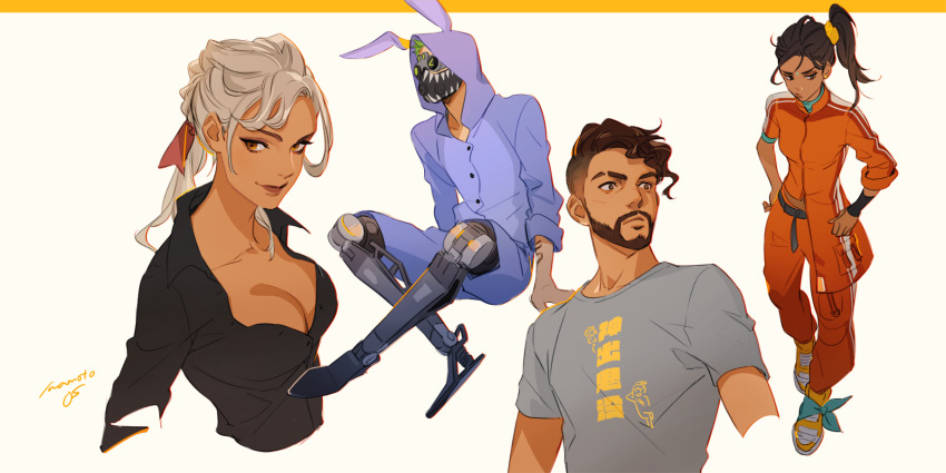 2boys, 2girls, animal_ears, apex_legends, black_hair, blue_hood, bootlegger_loba, breasts