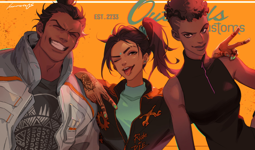 1boy, 2girls, ^_^, alternate_costume, apex_legends, bangalore_(apex_legends), black_jacket, black_shirt