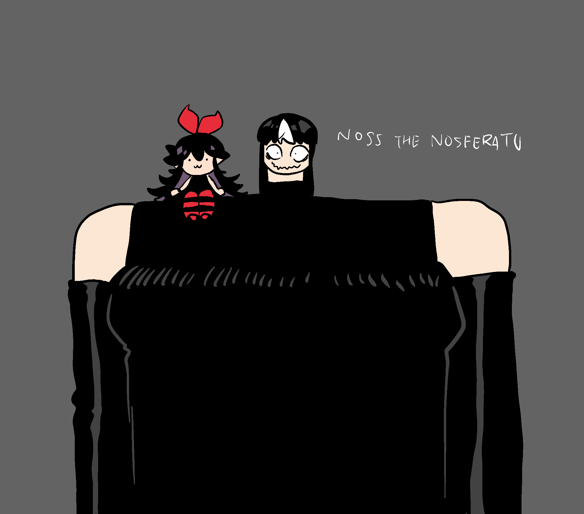 2girls, :3, black_dress, black_gloves, black_hair, bow, broad_shoulders, dress, elbow_gloves, english_text, gloves, grey_background, hair_bow, highres, long_hair, multicolored_hair, multiple_girls, noss_(rariatto), on_shoulder, original, pantyhose, rariatto_(ganguri), sattou_(style), small_head, streaked_hair, striped_clothes, striped_legwear, striped_pantyhose, thighhighs, vampire, white_hair, zakuro_(rariatto)