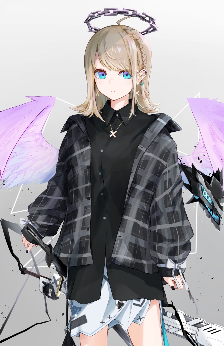 1girl, :3, absurdres, ace_kin, ahoge, angel, angel_wings, bad_id, bad_pixiv_id, black_nails, blonde_hair, blue_eyes, braid, chain_halo, closed_mouth, creature, cross, cross_earrings, cross_necklace, earrings, feathered_wings, fingernails, gradient_background, halo, highres, jacket, jewelry, long_sleeves, medium_hair, nail_polish, necklace, open_clothes, open_jacket, original, plaid, purple_wings, ribbon, scabbard, sheath, sheathed, sleeves_past_wrists, smile, solo, sword, weapon, white_ribbon, wings, x_(symbol)