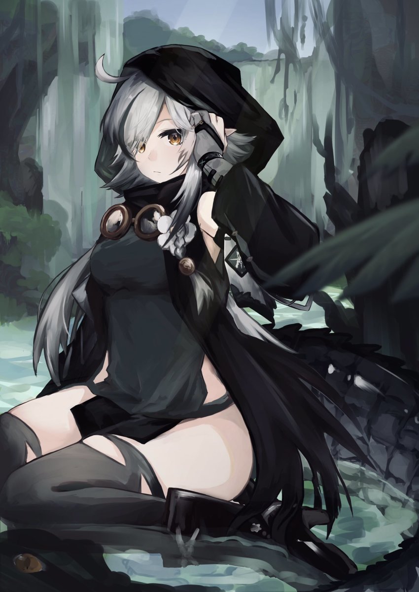 1girl, adjusting_hair, ahoge, arknights, black_sleeves, black_thighhighs, crocodilian_tail, detached_sleeves, flower, gloves, goggles, goggles_around_neck, green_shirt, grey_gloves, grey_hair, highres, hood, hood_up, looking_at_viewer, multicolored_hair, outdoors, pelvic_curtain, sasa_kurumi, seiza, shirt, sitting, solo, streaked_hair, tail, thighhighs, thighs, tomimi_(arknights), torn_clothes, torn_thighhighs, water, waterfall, white_flower, yellow_eyes